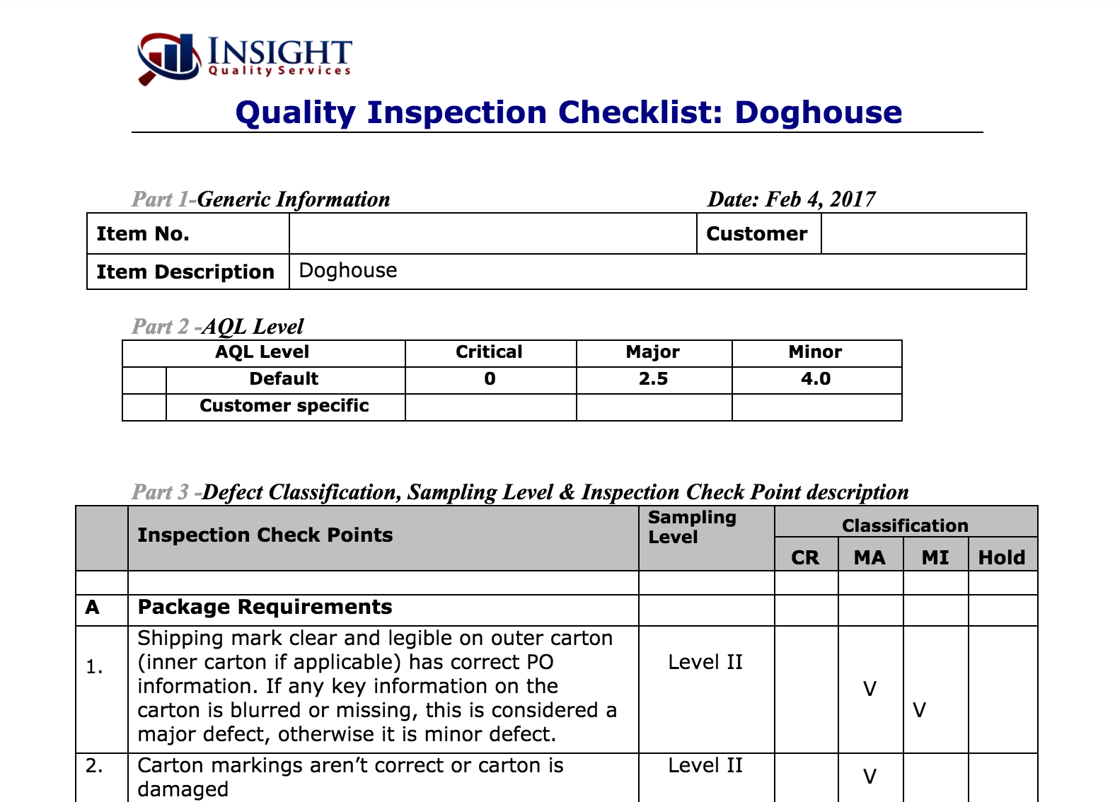 Quality inspection checklist used during audits